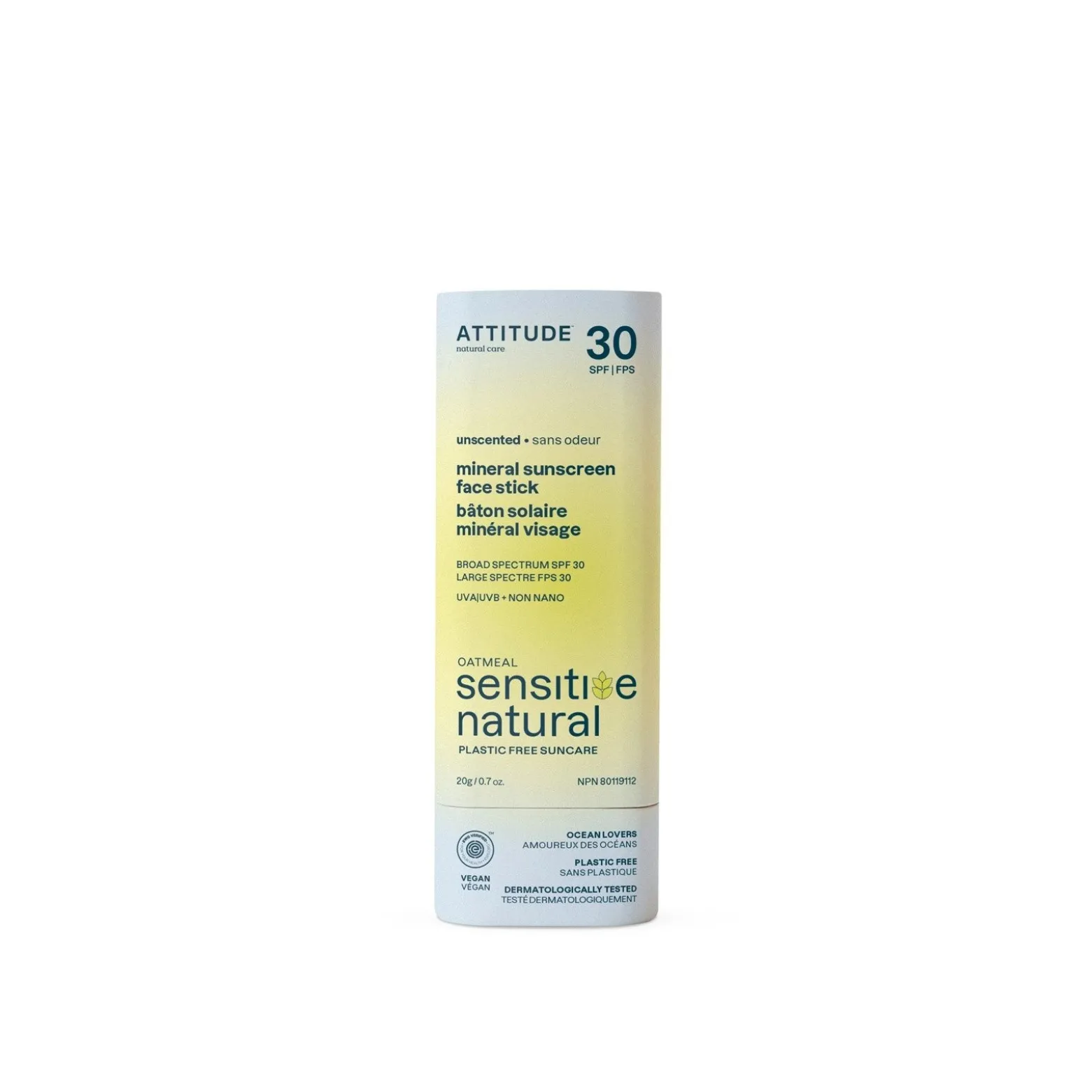 ATTITUDE Sensitive Natural Mineral Sunscreen Face Stick Unscented SPF30 20g (0.7oz)