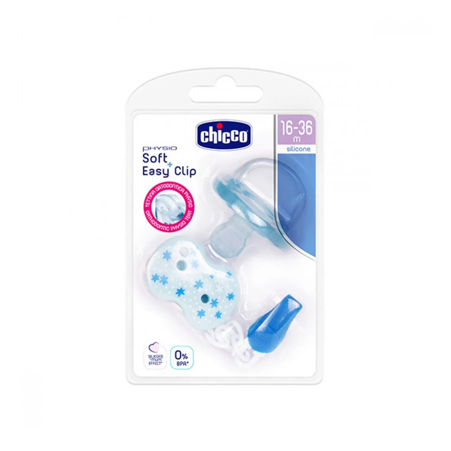 Chicco Physio Soft Silicone Pacifier + Easy Clip 16-36m Blue