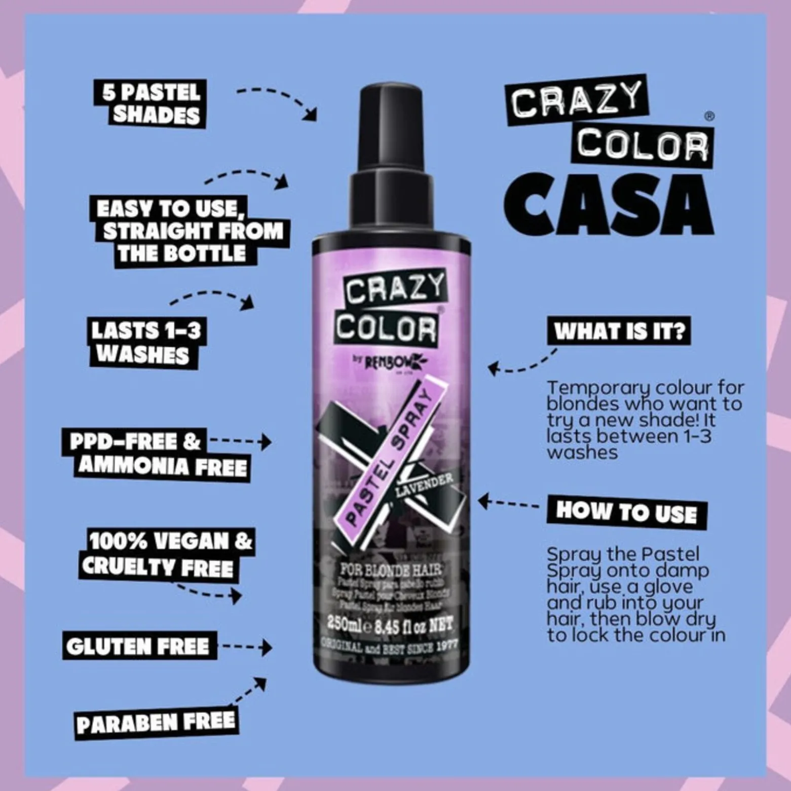 Crazy Color Pastel Spray Lavender 250ml (8.45floz)