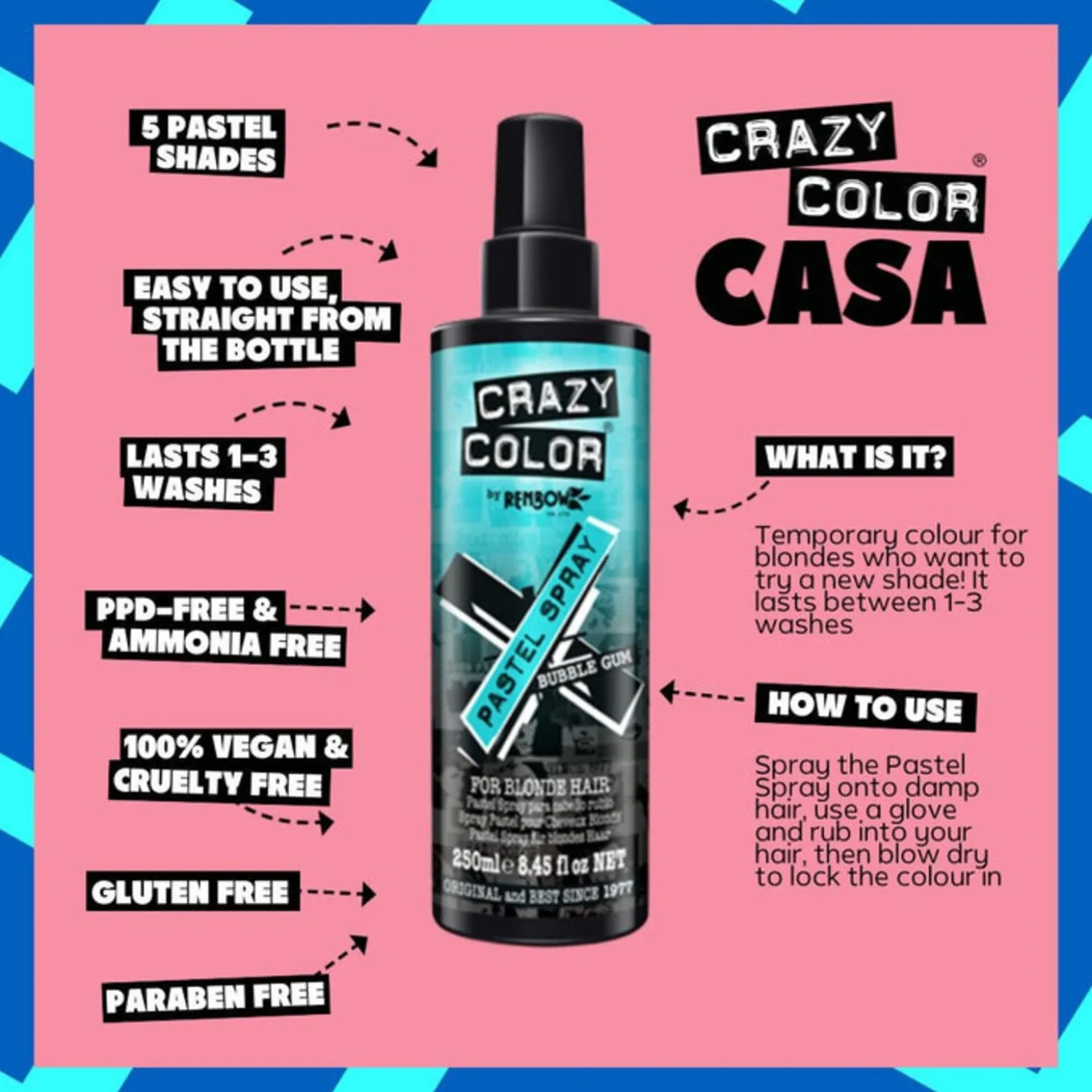 Crazy Color Pastel Spray Bubble Gum 250ml (8.45floz)