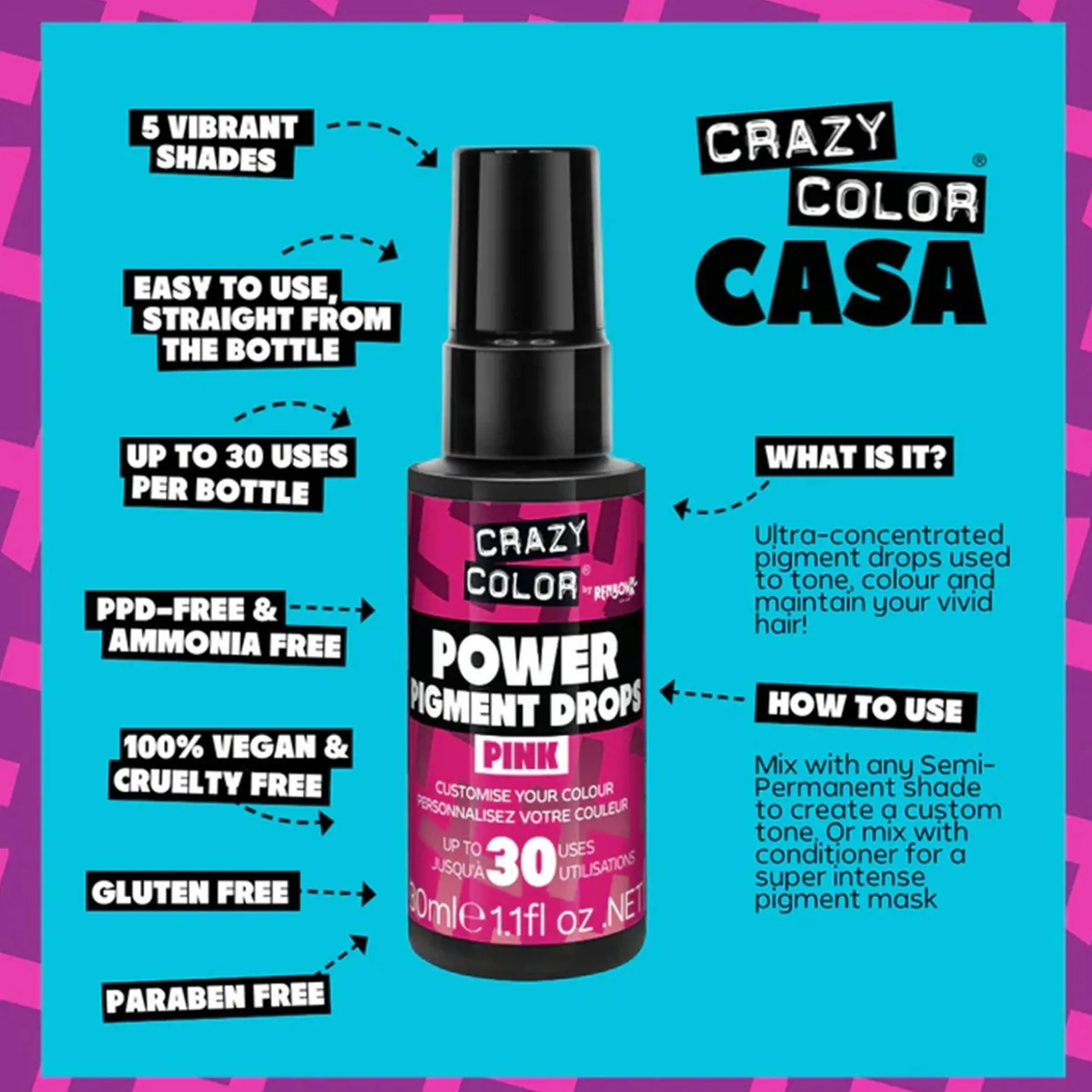 Crazy Color Power Pigment Drops Pink 30ml (1.1floz)
