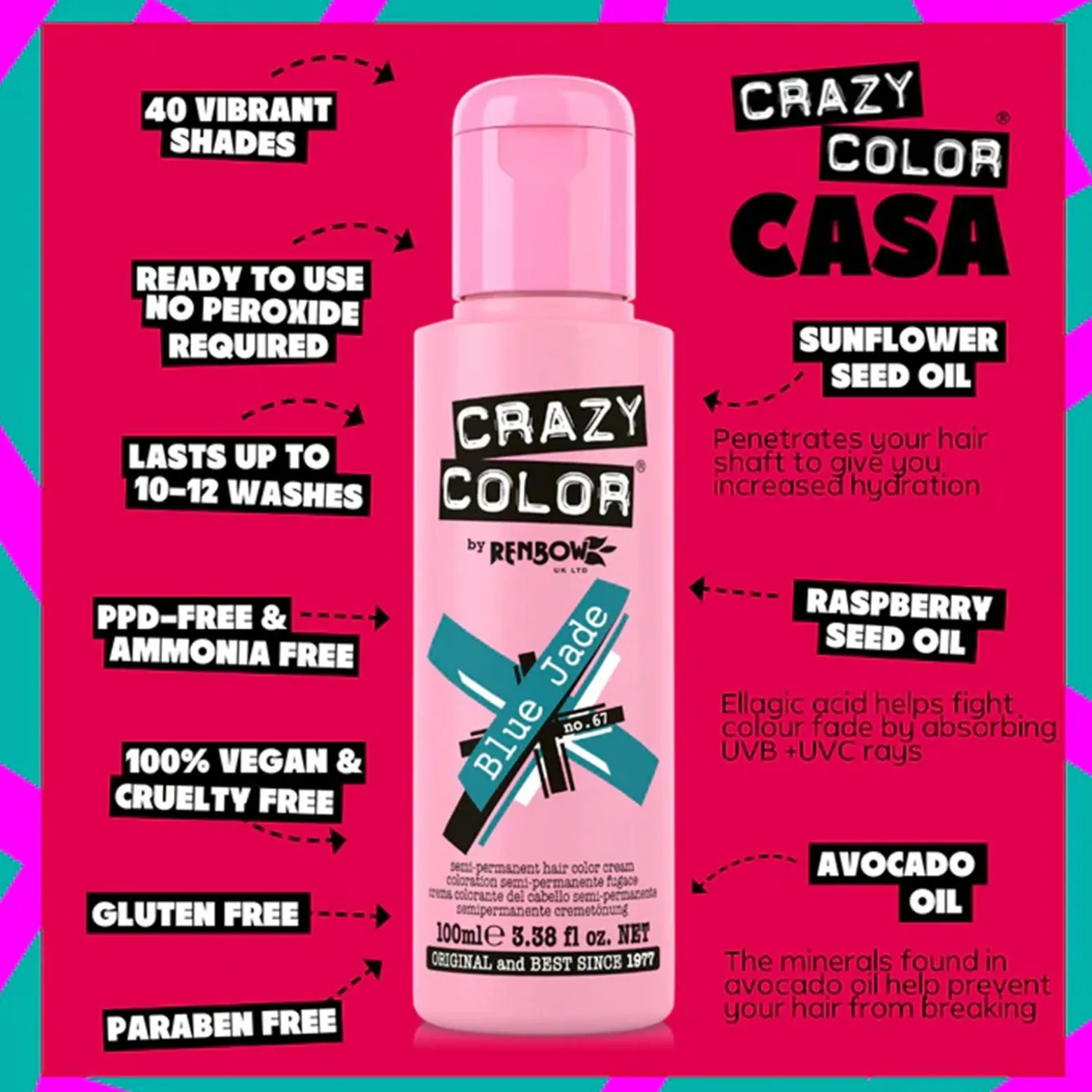 Crazy Color Semi-Permanent Hair Color Cream 67 Blue Jade 100ml (3.38floz)