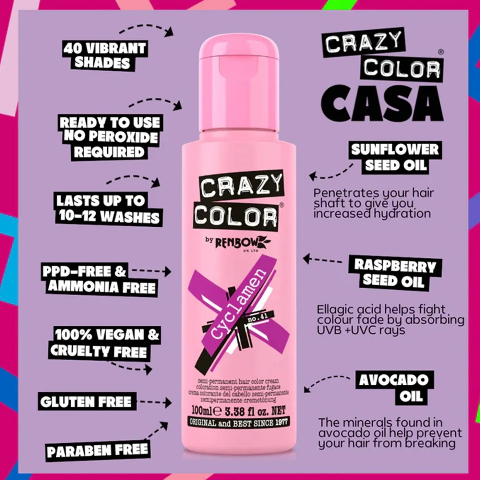 Crazy Color Semi-Permanent Hair Color Cream 41 Cyclamen 100ml (3.38floz)