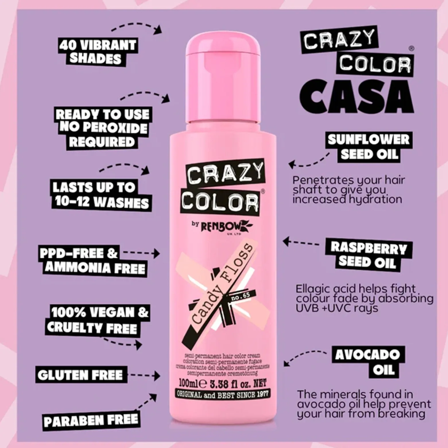 Crazy Color Semi-Permanent Hair Color Cream 65 Candy Floss 100ml (3.38floz)