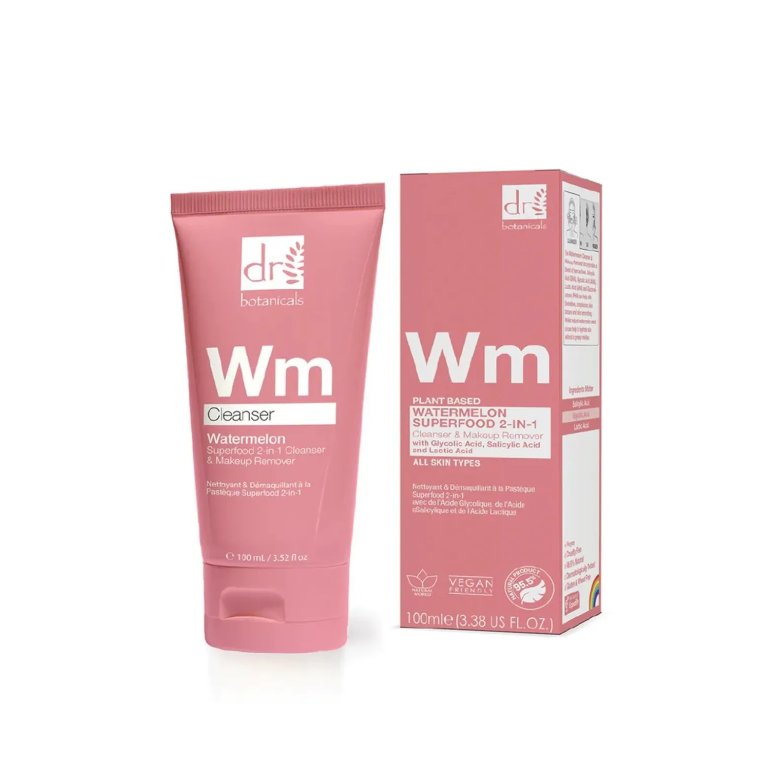 Dr. Botanicals Watermelon Superfood 2-In-1 Cleanser & Makeup Remover with Glycolic Acid, Salicylic Acid & Lactic Acid 100ml (3.38floz)