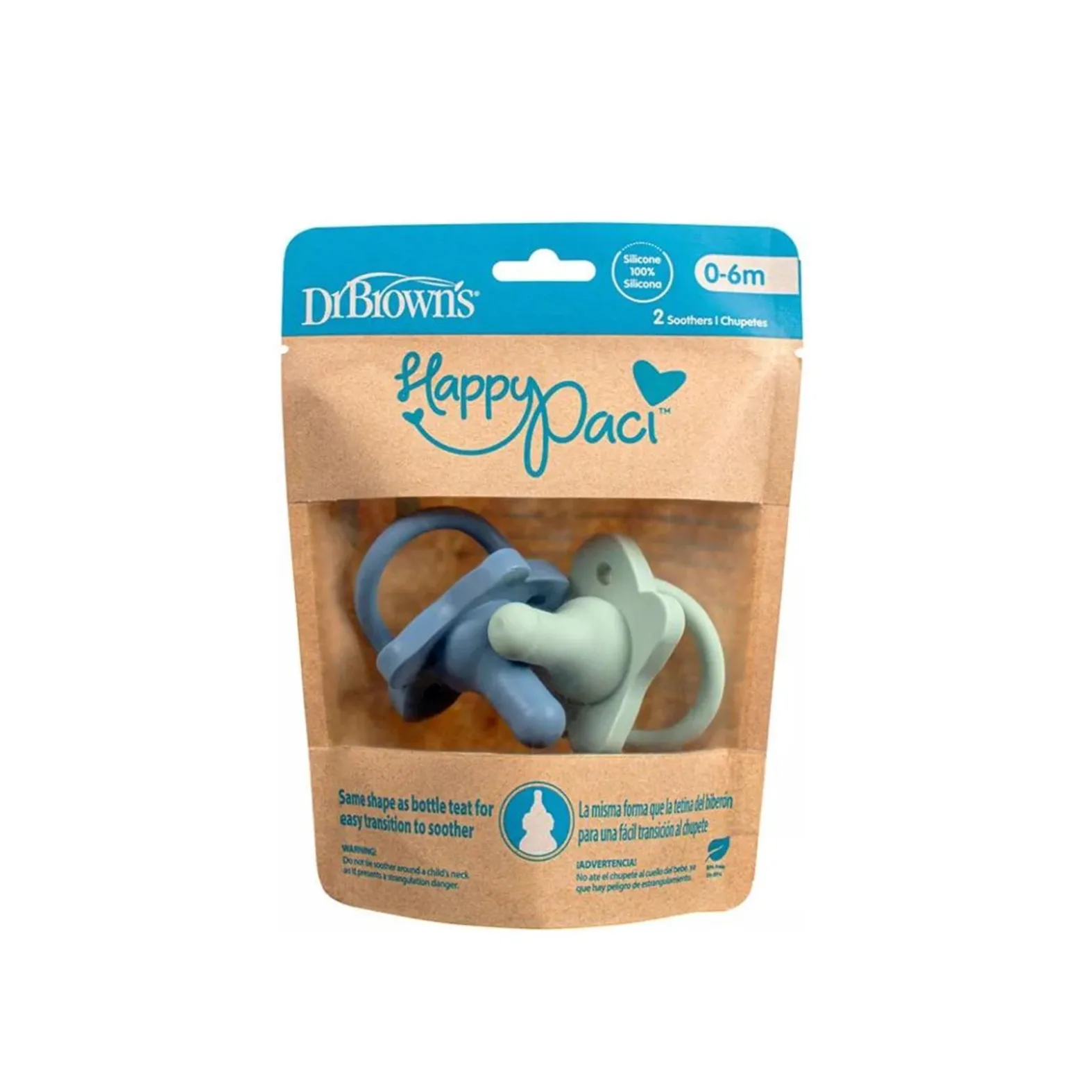 Dr. Brown’s HappyPaci Silicone Pacifier 0-6m Green and Blue x2