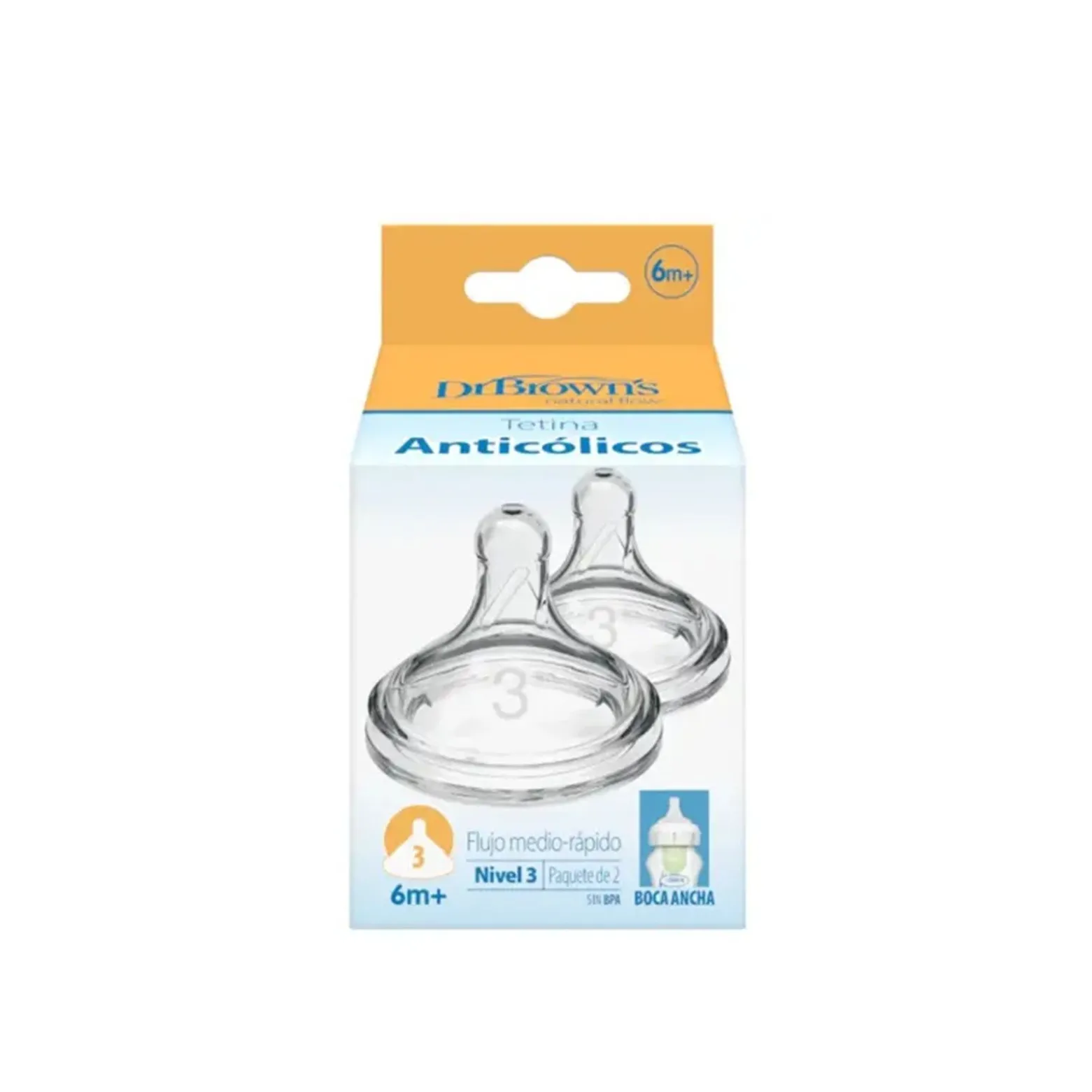 Dr. Brown's Options+ Medium-Fast Flow Wide-Neck Bottle Silicone Nipple 6m+ x2
