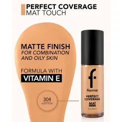 Flormar Perfect Coverage Mat Touch Foundation 304 Nude Ivory 30ml (1.01floz)