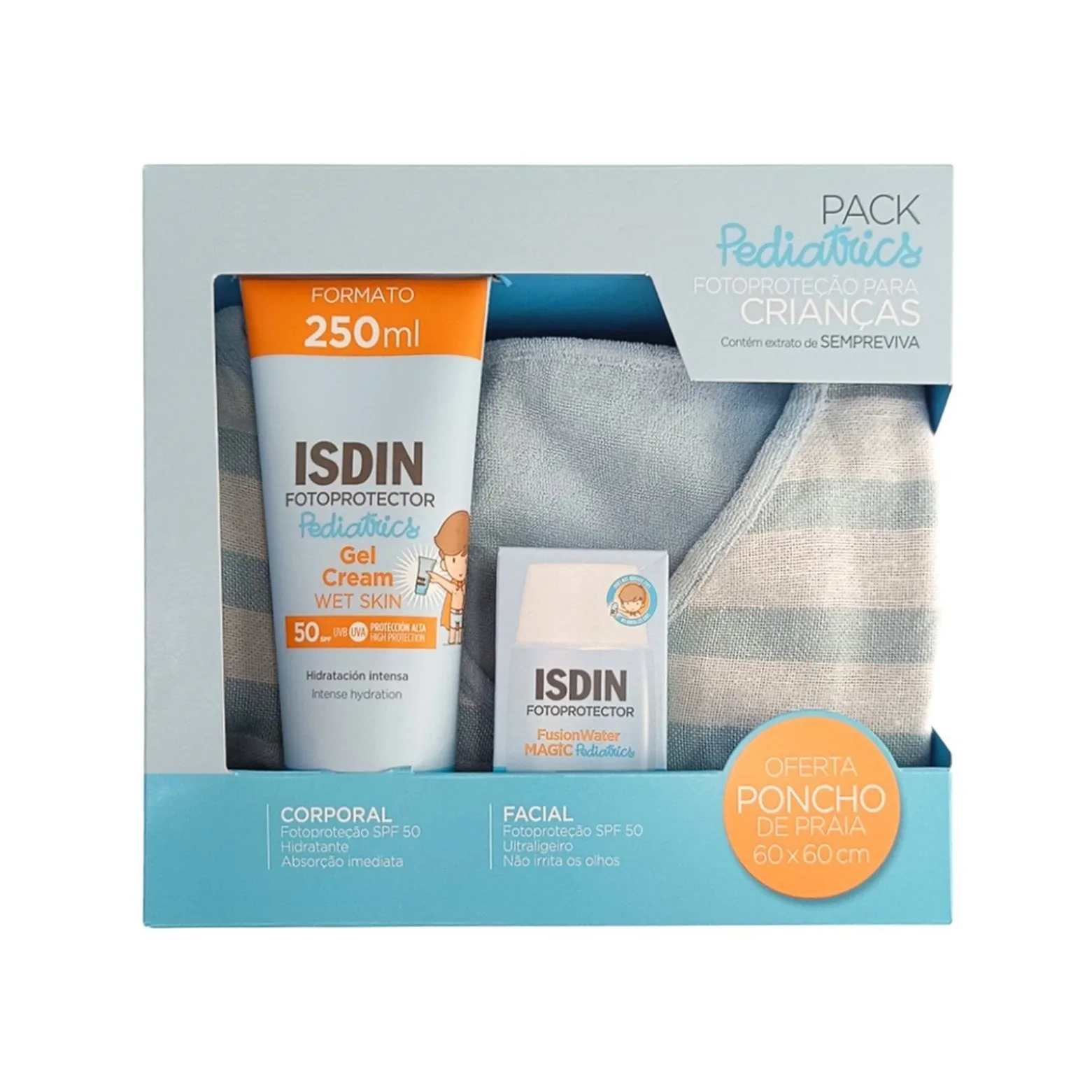 ISDIN Fotoprotector Pediatrics Gel Cream Wet Skin SPF50 250ml + Fusion Water Magic Pediatrics SPF50 50ml + Poncho (8.45floz + 1.69floz)