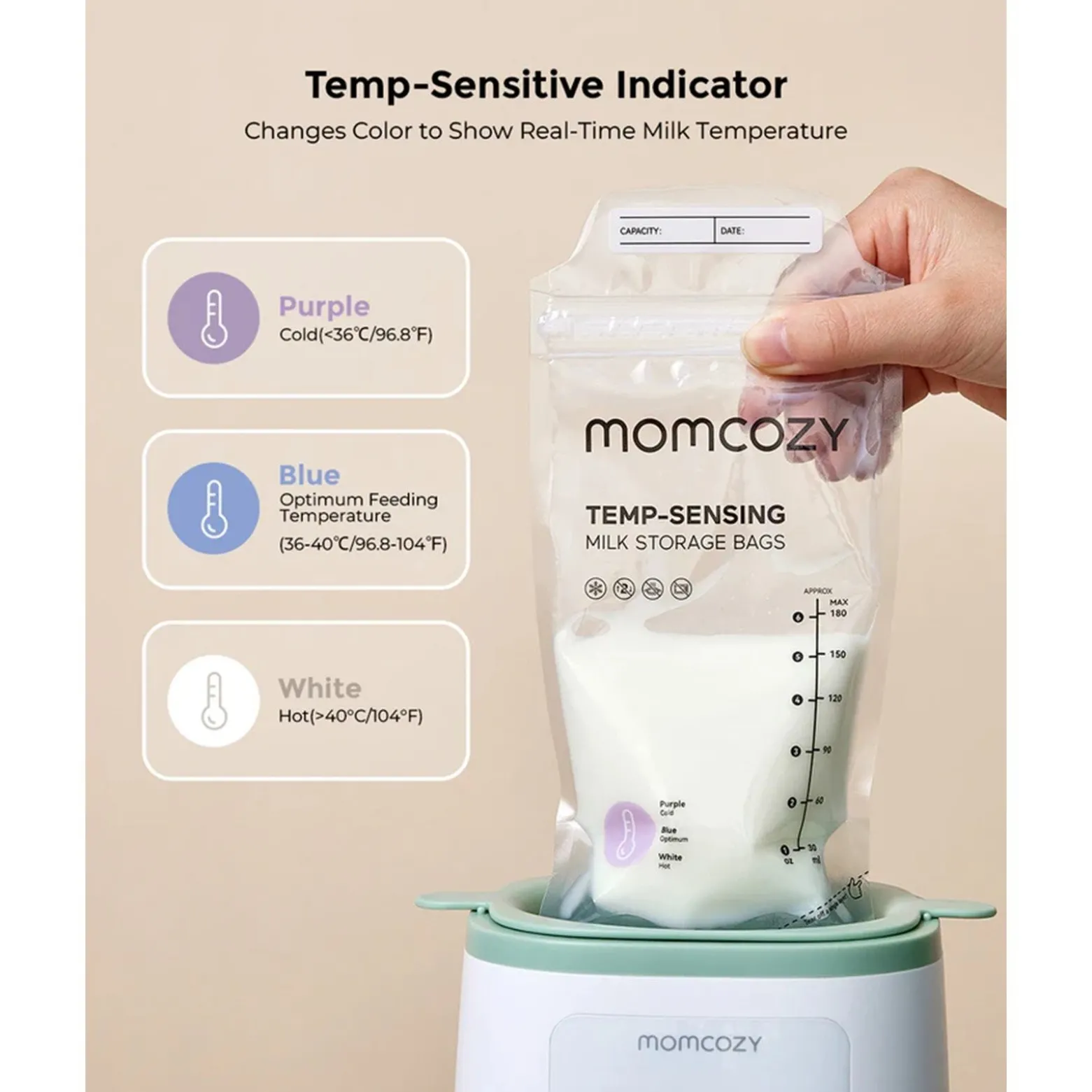 Momcozy TEMP-Sensing Breast Milk Storage Bags 180ml x120 (6.08flozx120)