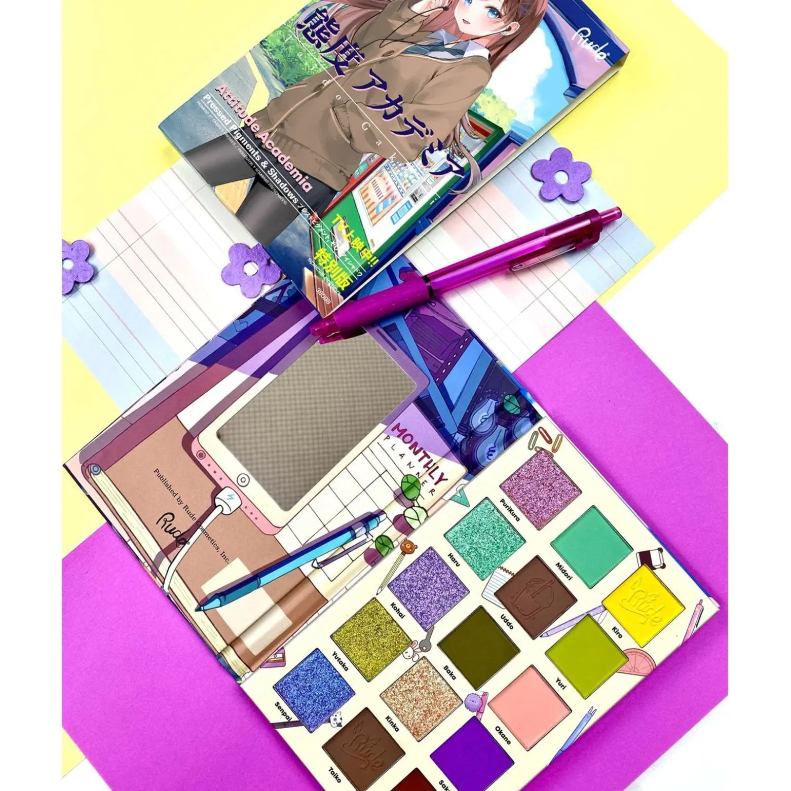 Rude Cosmetics Manga Collection Pressed Pigments & Shadows Palette Attitude Academia